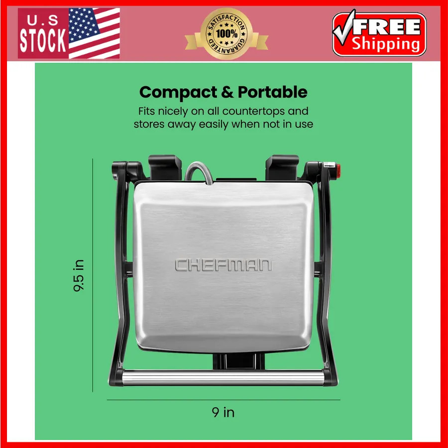 Chefman 3-in-1 Panini Press and Indoor Grill 4-Slice Non-Stick Stainless Steel
