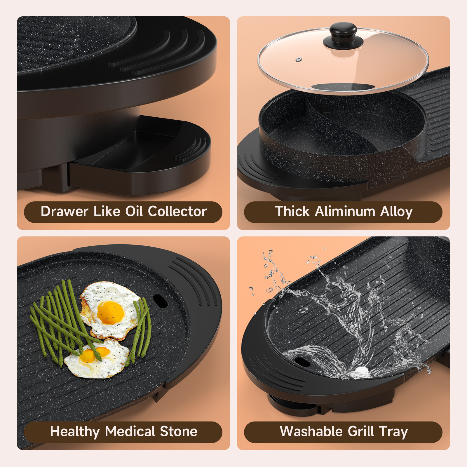 2 in 1 Portable Electric Hot Pot Barbecue Grill Non-Stick Teppanyaki Pan EP