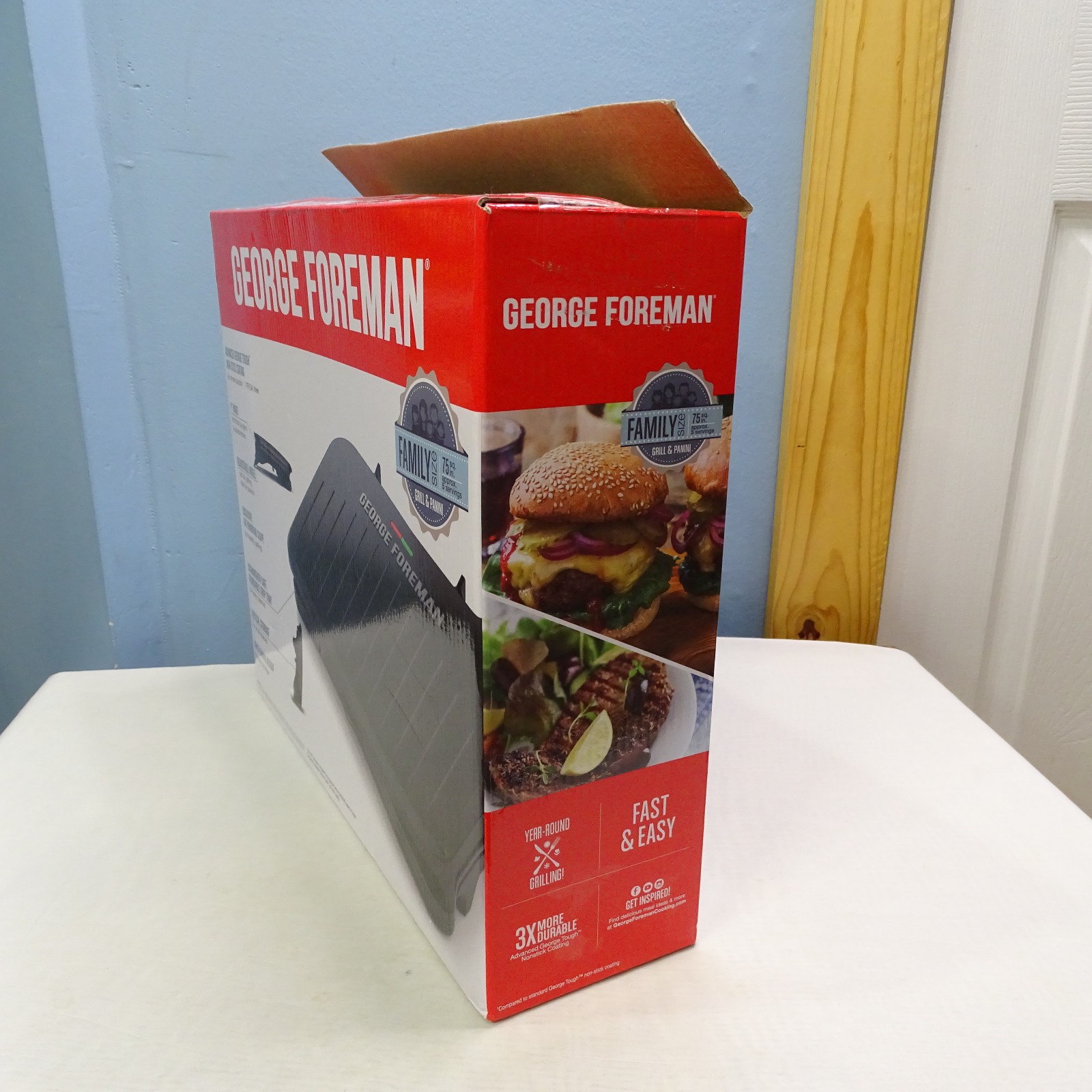 George Foreman Family Size Grill & Panini GRS075B, 75 sq in – New, Open Box