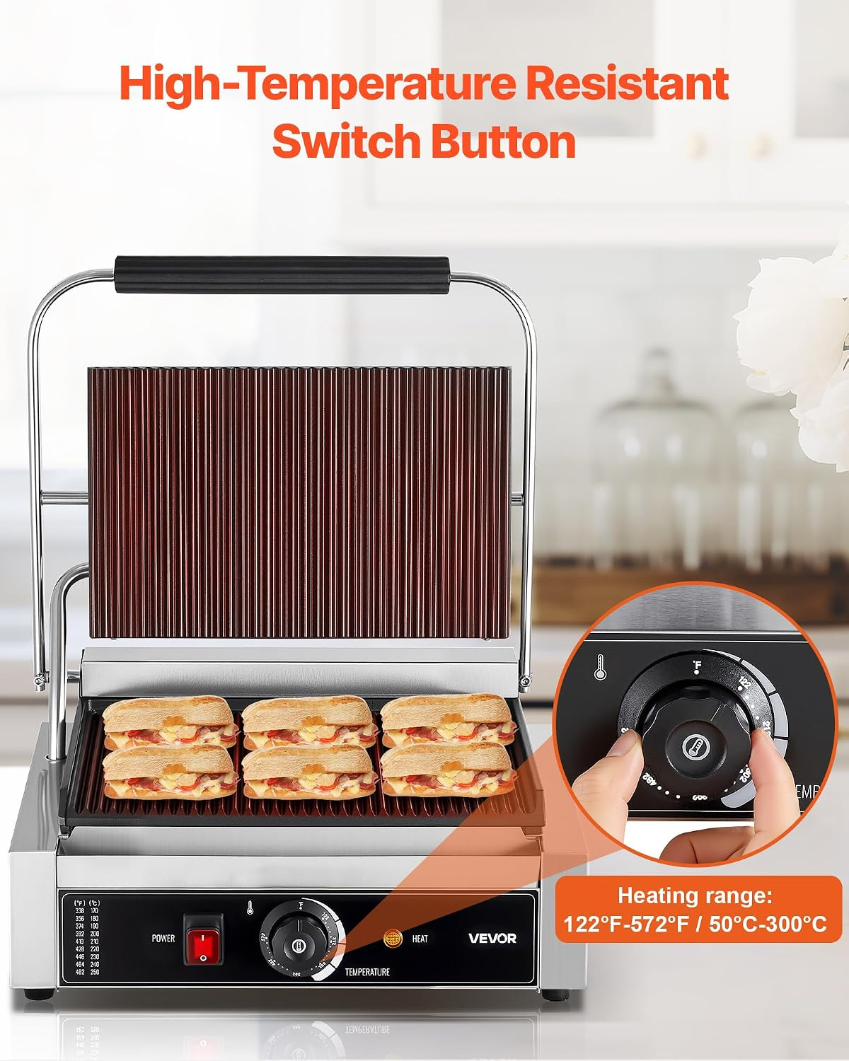 Commercial Panini Grill, 1800W Electric Sandwich Panini Maker, Stainless Steel S