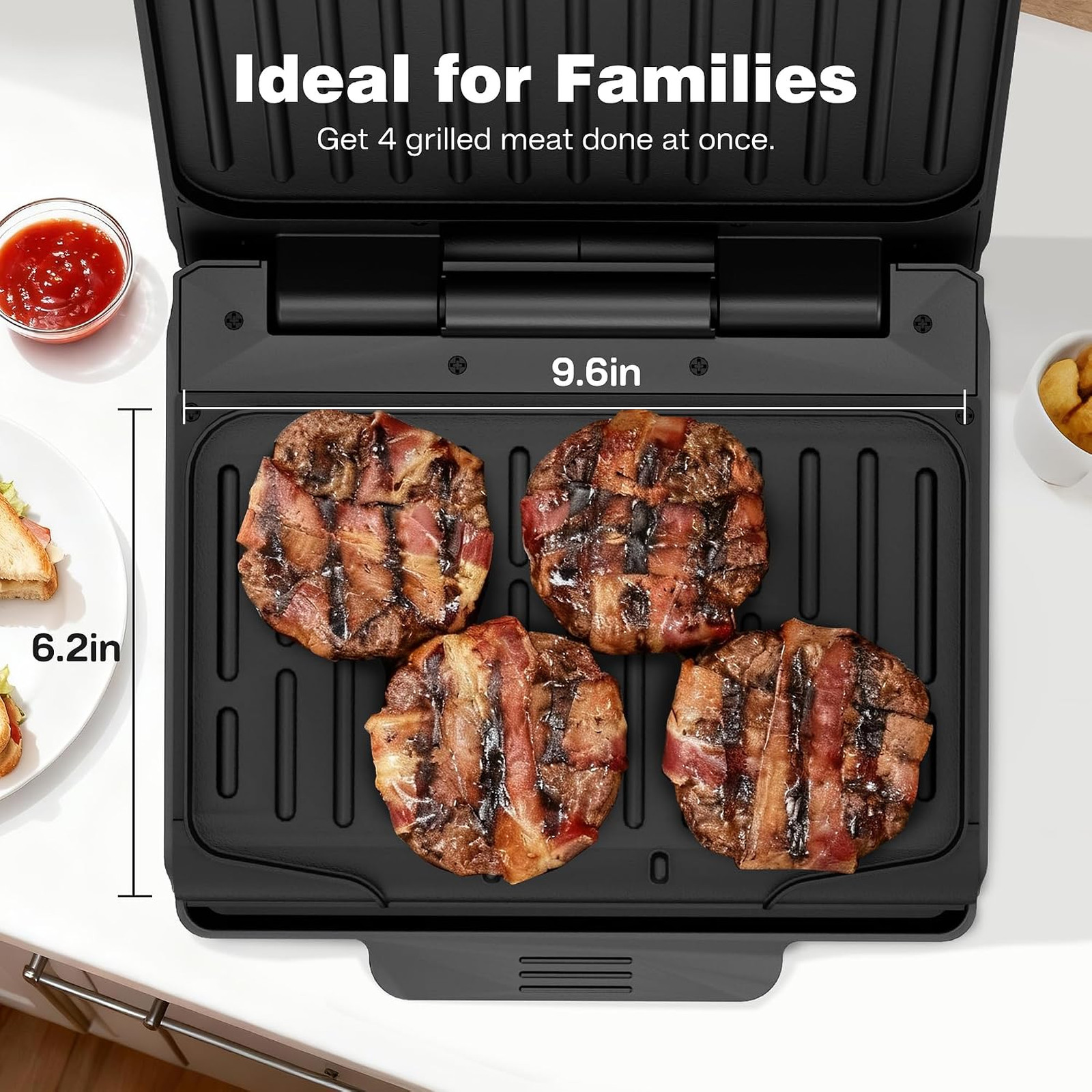 Electric Grill Panini Press, Non-Stick Coating, 850W Dual Heating, Removable