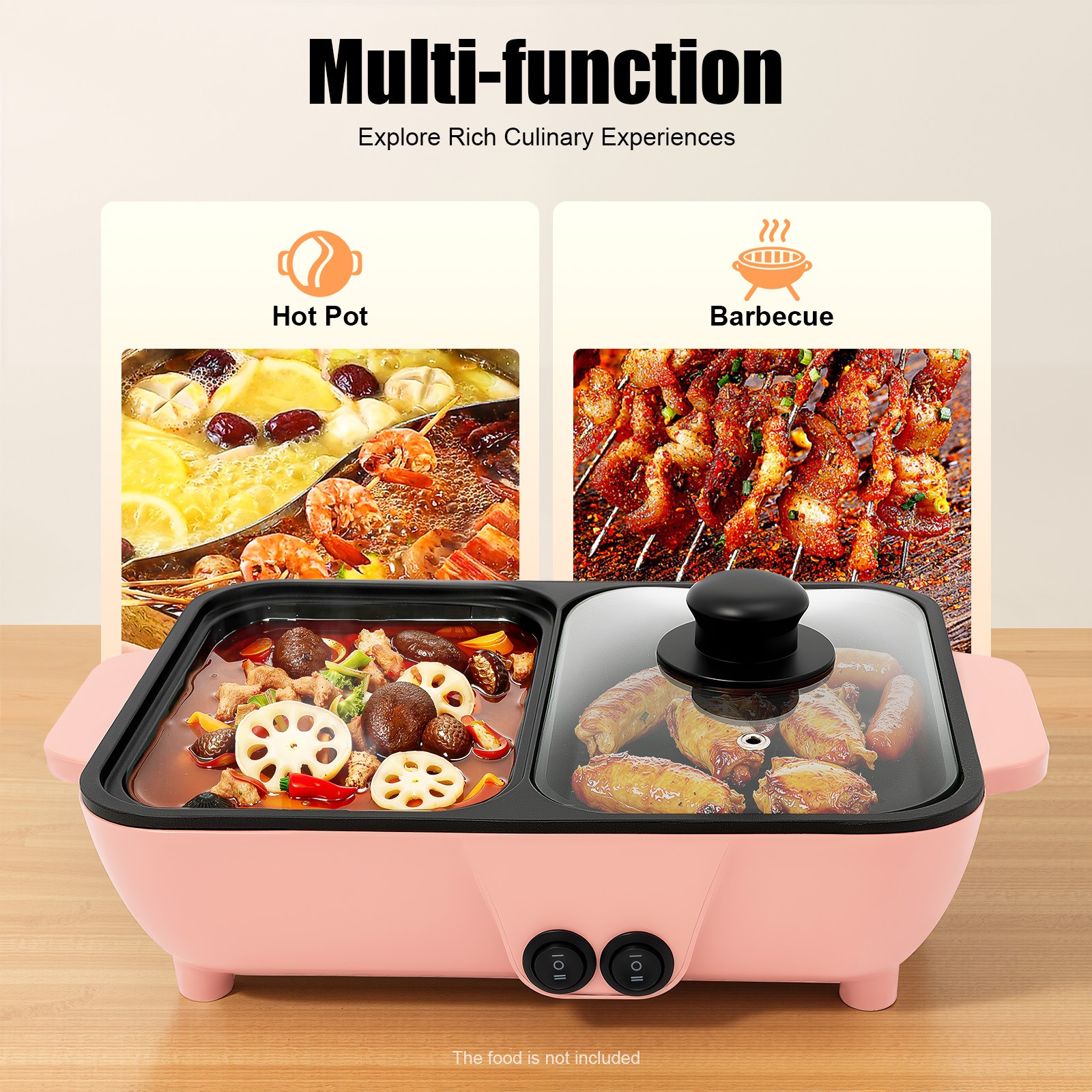 2in1 Electric Hot Pot Non-Stick Korean BBQ Plate Pan Shabu Grill Barbecue 1200W