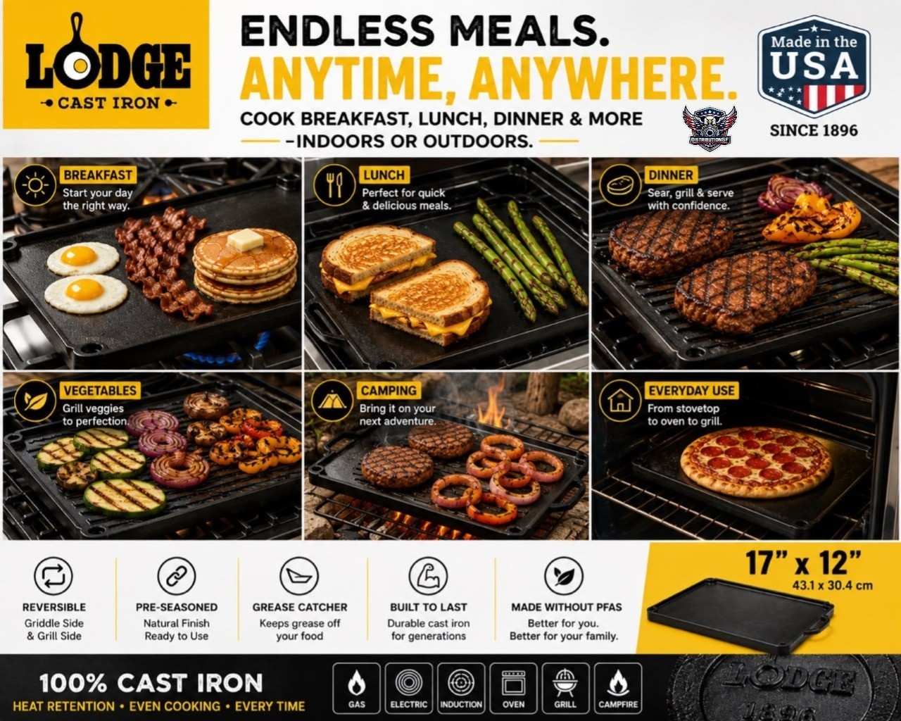 Lodge Double Sided Cast Iron Grill Griddle 17” x 12” Reversible BBQ Stove USA