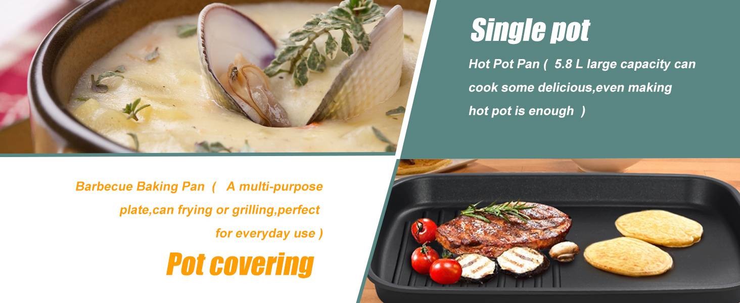 3-in-1 Multifunctional Electric Grill,Electric Skillet Nonstick with Lids 1400W