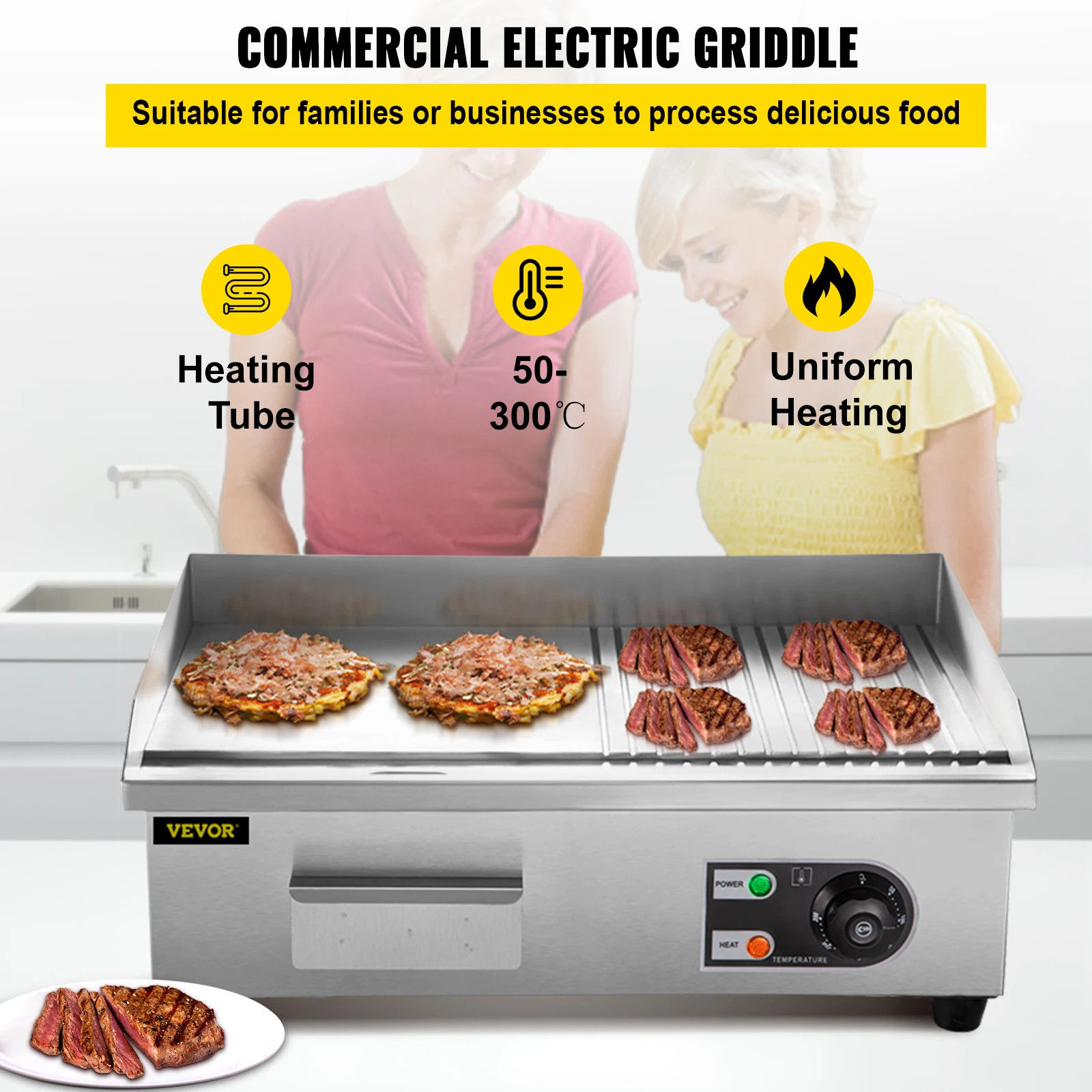 14″-22″ Electric Countertop Griddle 1600W/3200W Stainless Steel Teppanyaki Grill