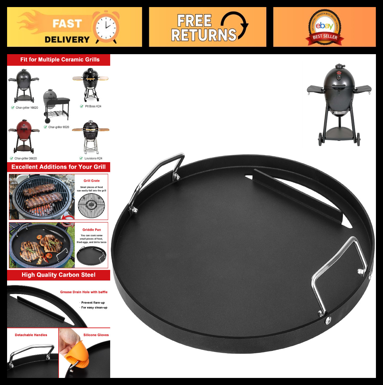 19.5″ Full Size Griddle Insert for Kamado Grill, BBQ Flat Top Griddle for Char-G