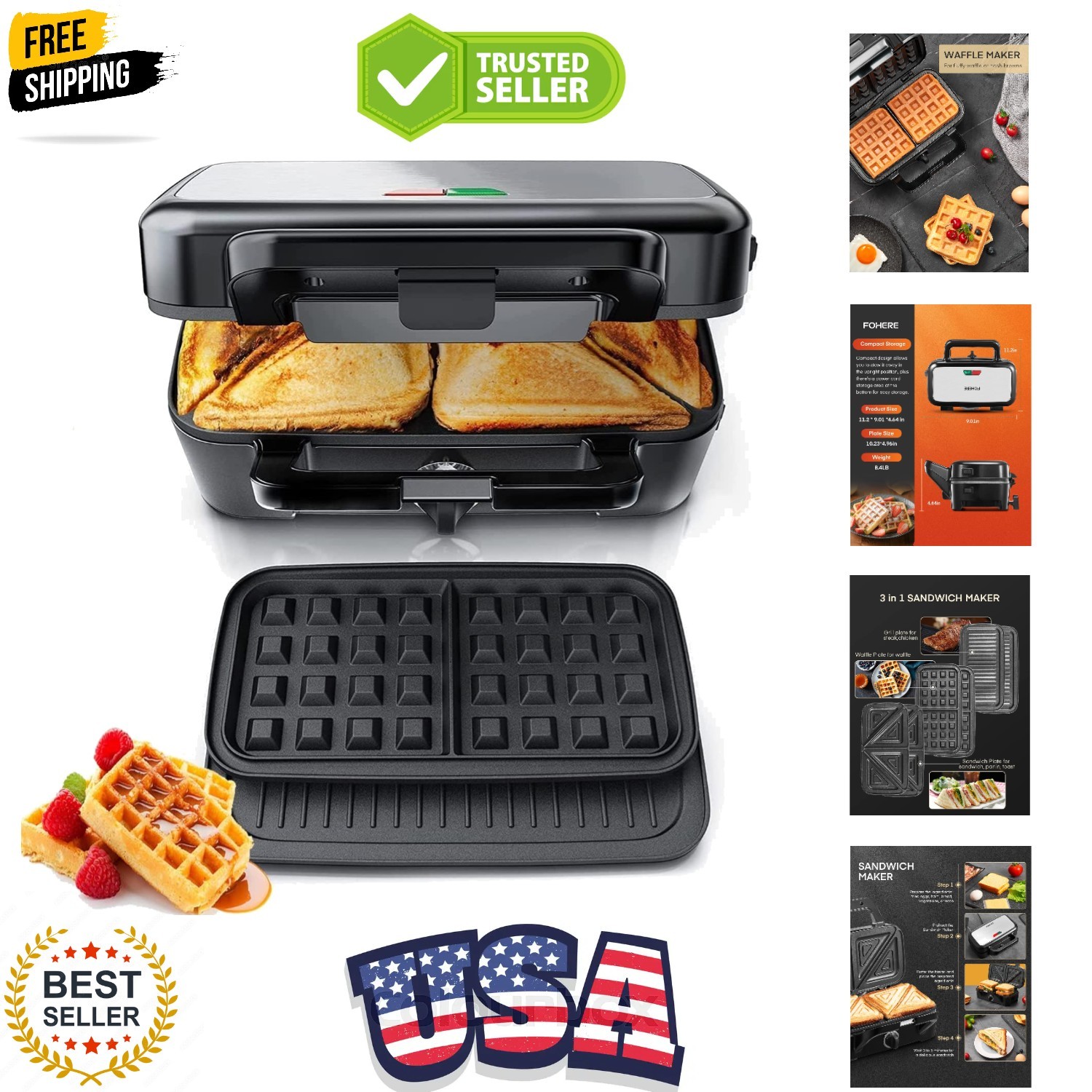 Sandwich Maker 3 In 1 Waffle Maker With Removable Plates,1200W Grilled Cheese…