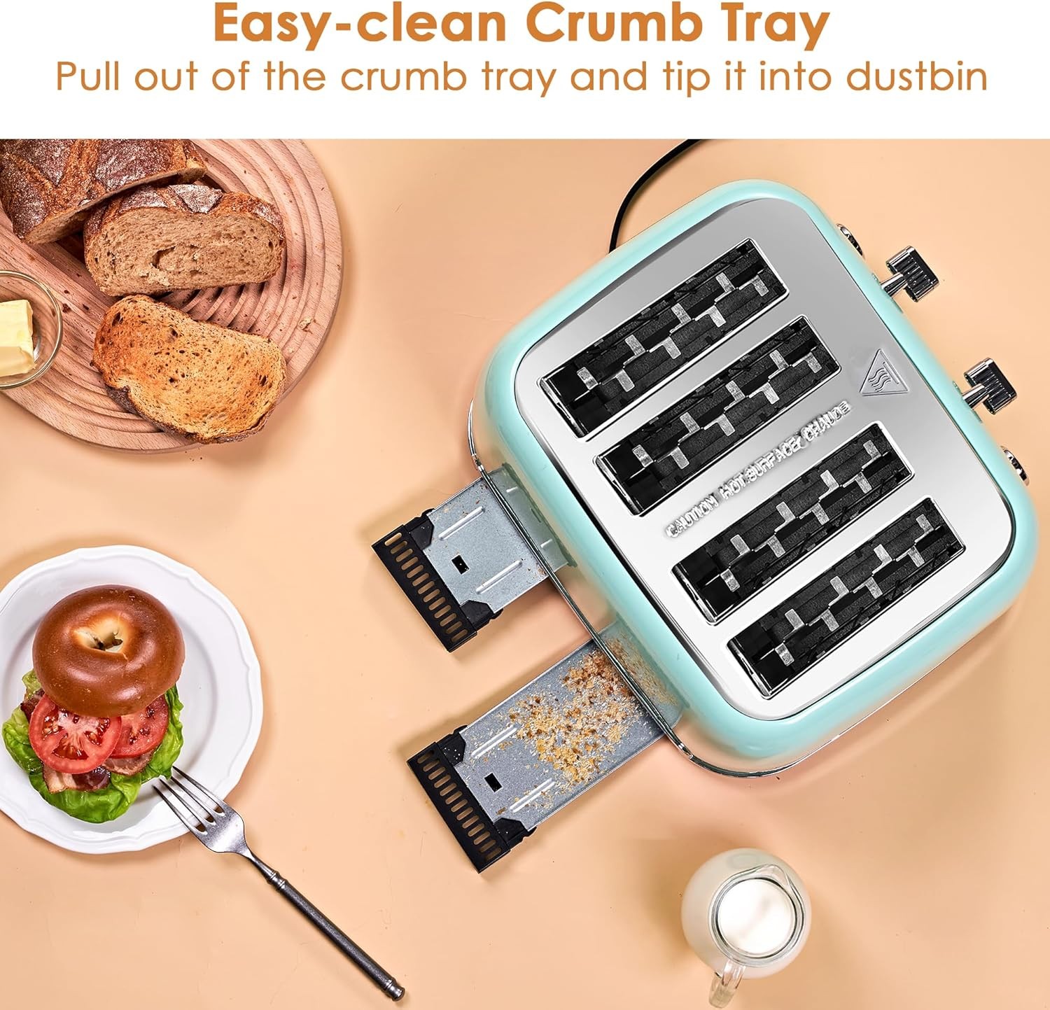 Roter Mond Toaster 4 Slice Retro Stainless Steel with Extra Wide Mint Green