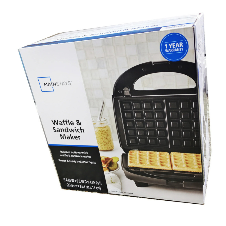 Mainstays Black 2 in 1 Waffle and Sandwich Maker, Nonstick, DAMAGED