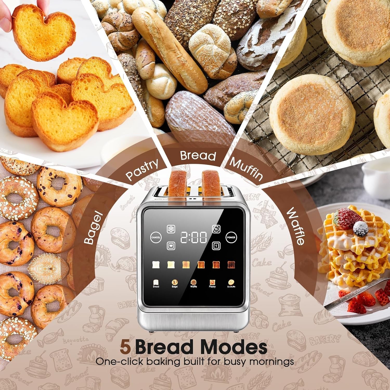Touch Screen Toaster 2 Slice, Stainless Steel 2 Slots 2 Silver-Black