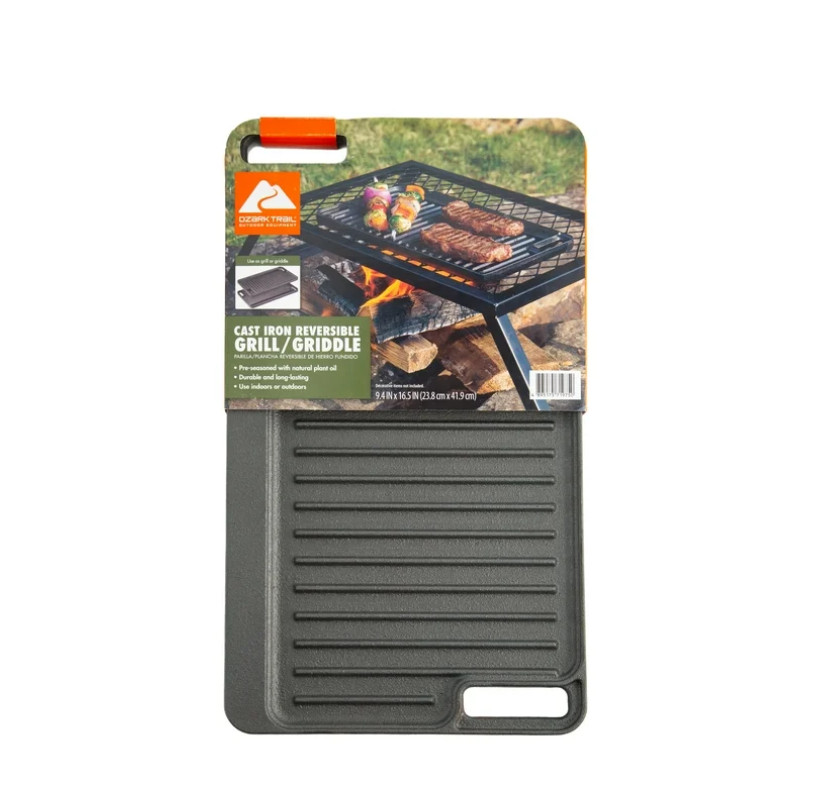 Ozark Trail Deluxe Cast Iron Reversible Grill Griddle Plate, Black,Hand Wash