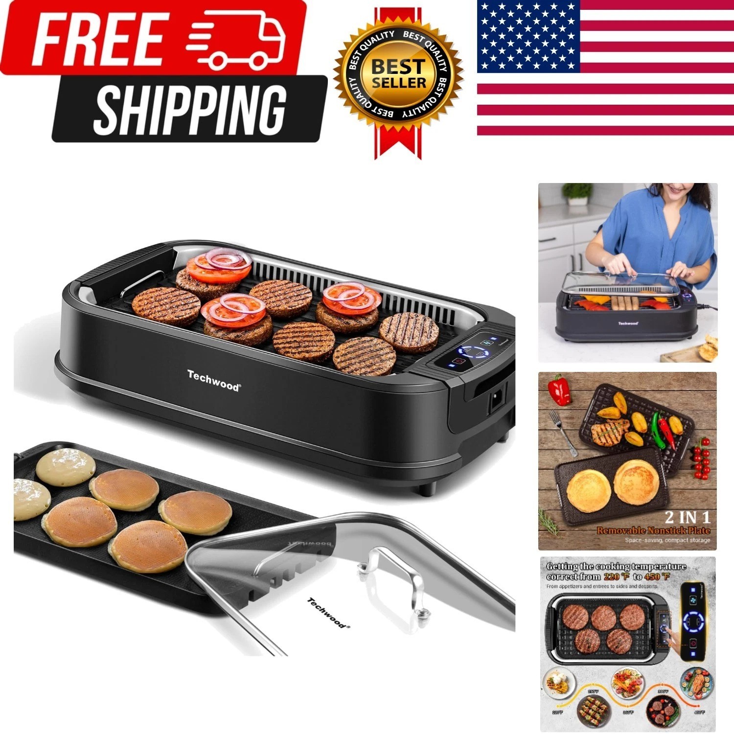 Indoor Smokeless Grill, 1500W Electric Indoor Grill with Tempered Glass Lid, …
