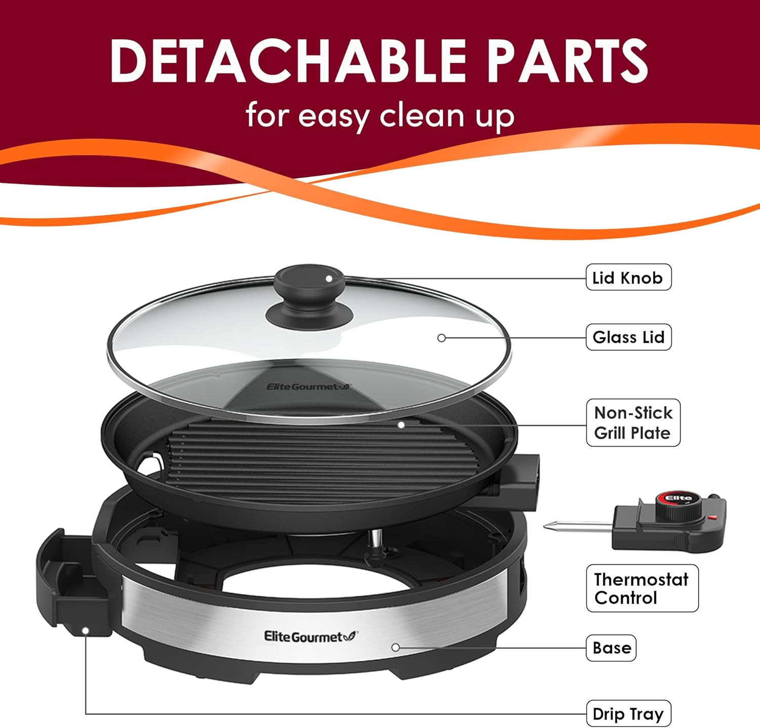 EMG6505G 12″ Smokeless Indoor Electric BBQ Grill with Glass Lid Dishwasher Safe,