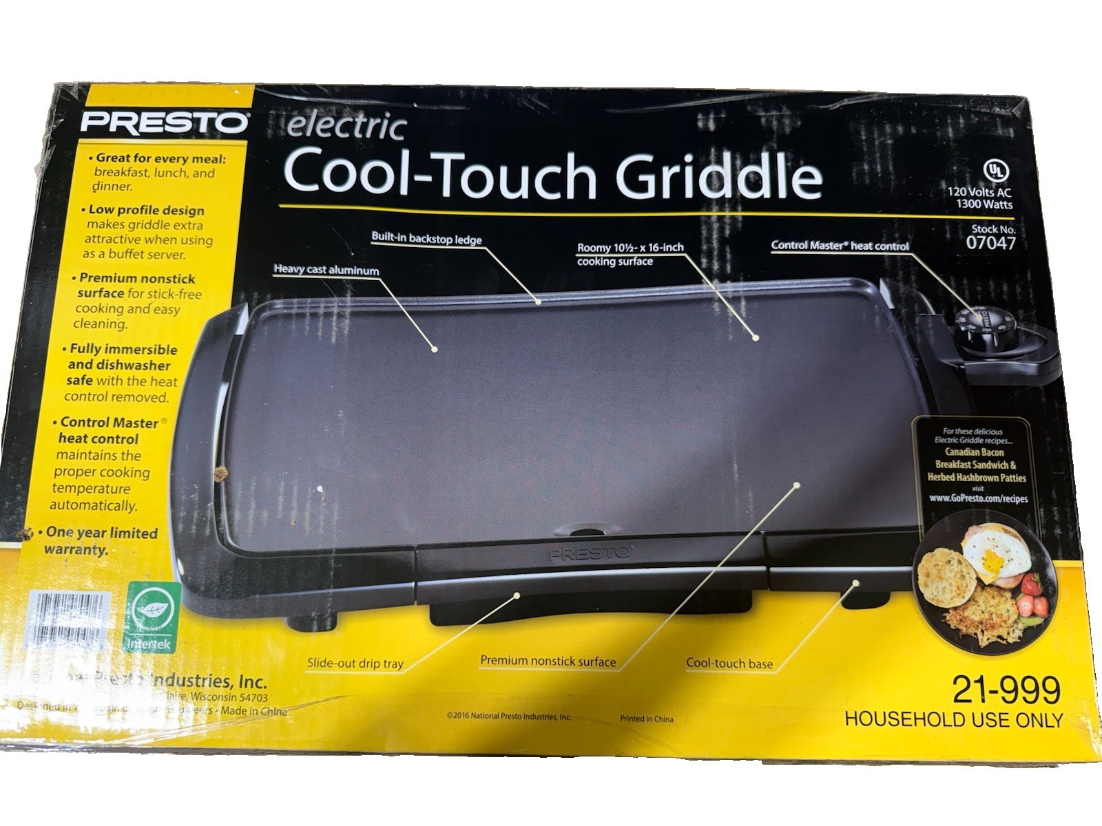 Presto Cool-Touch Griddle 07047 1300W 120V Nonstick Temp Control