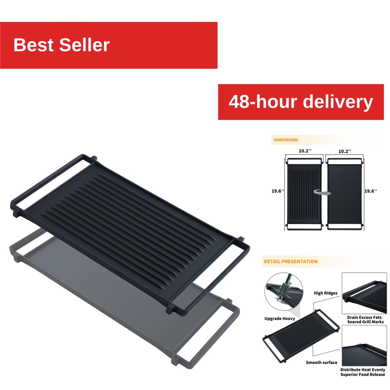 Allstare WB31X24998 Cast Iron Griddle for GE Stove Top – 19.6″ x 10.2″