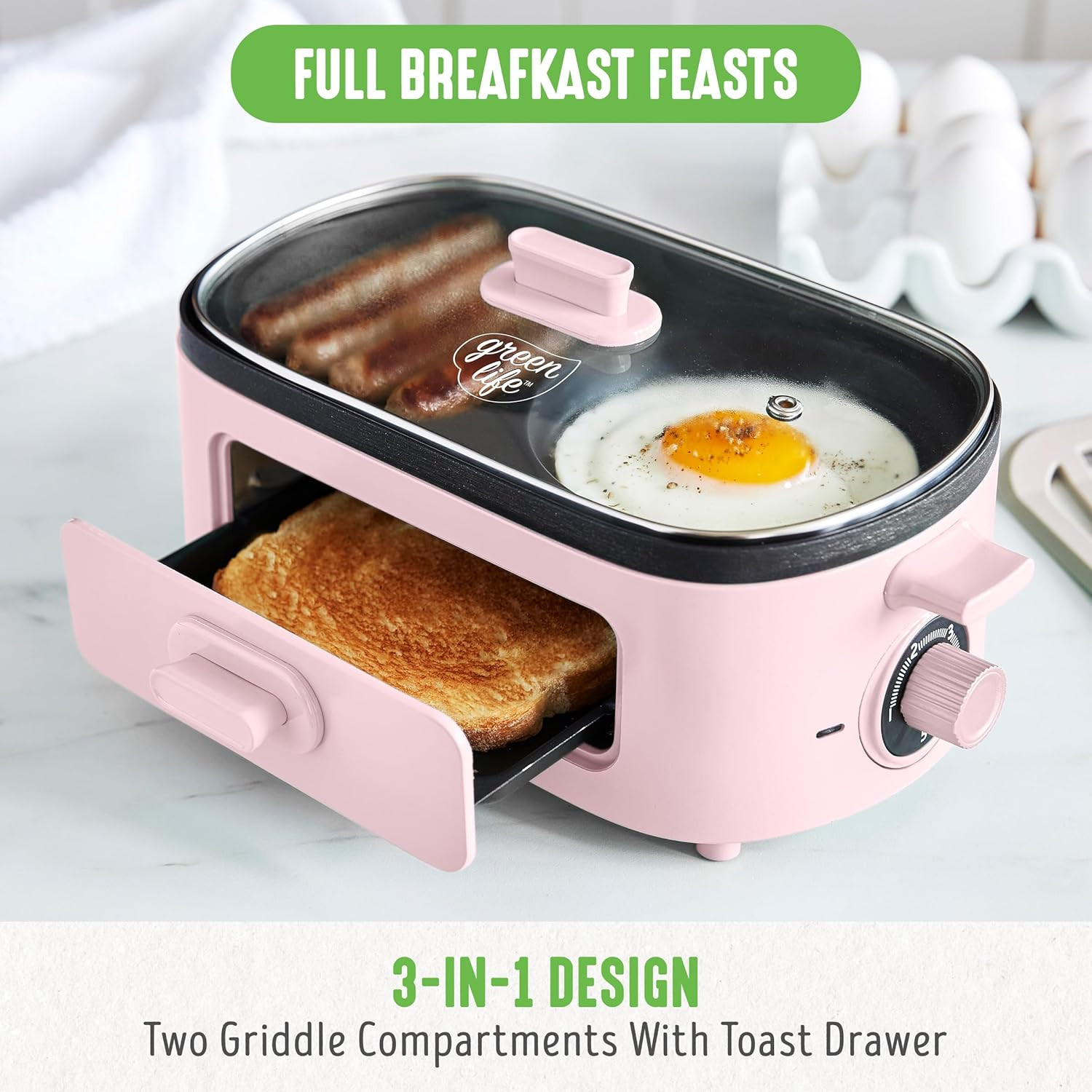 Greenlife 3-In-1 Breakfast Maker Station, Healthy Ceramic Nonstick Dual Griddles