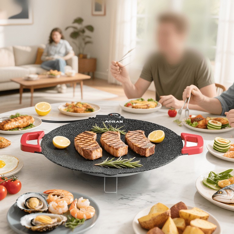AORAN Electric Round Grill Griddle 14in 1200W Nonstick Temp Control Black/Red
