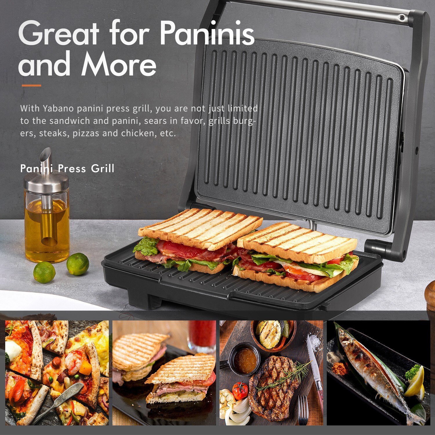 Panini Press Grill, Sandwich Maker, Non-Stick, Removable Drip Tray, Easy Clean