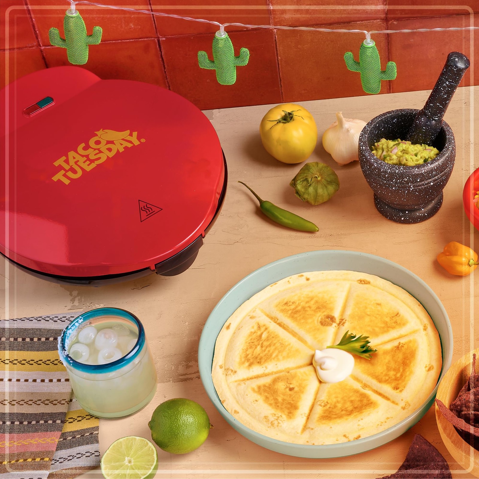 Taco Tuesday Deluxe 10-inch 6-Wedge Electric Quesadilla Maker with Extra Red