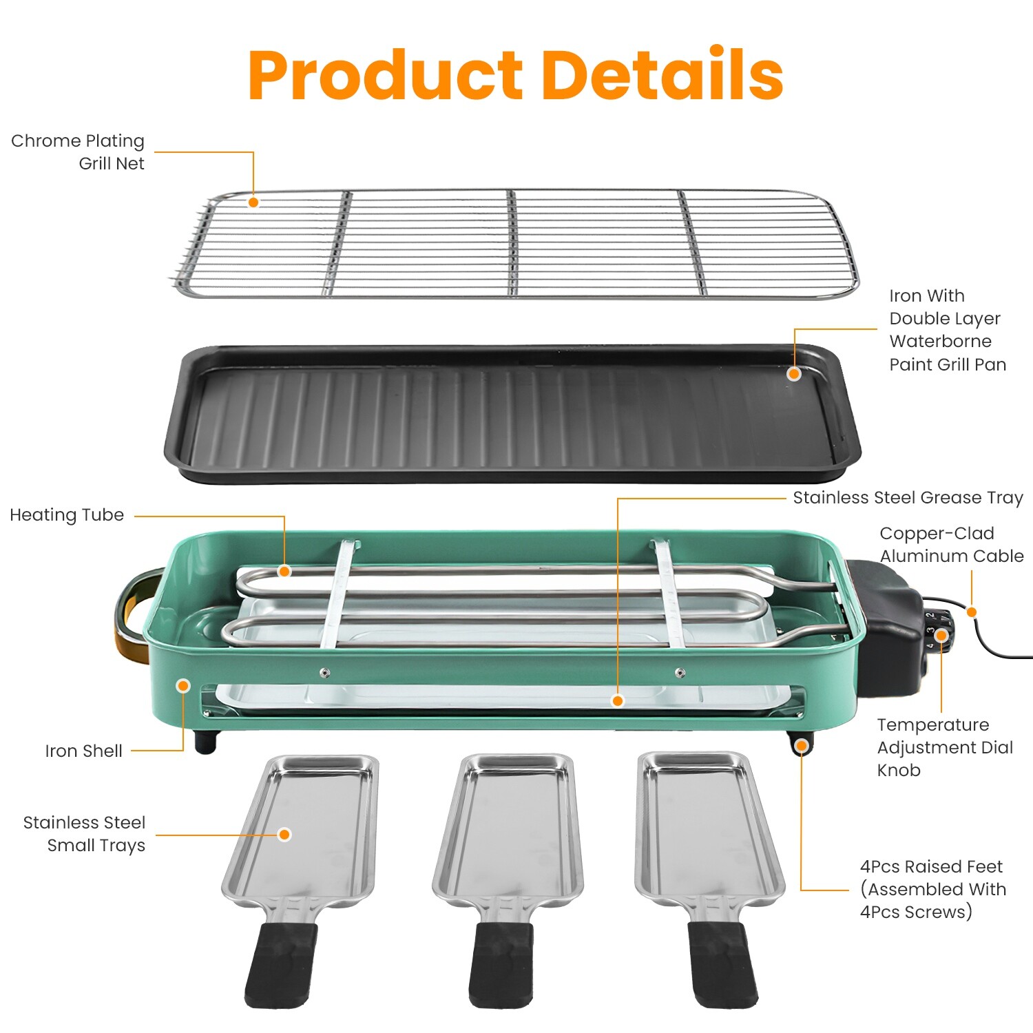 1500W Electric Grill Picnic Grill Net Removable Party Outdoor Plate Dishwasher