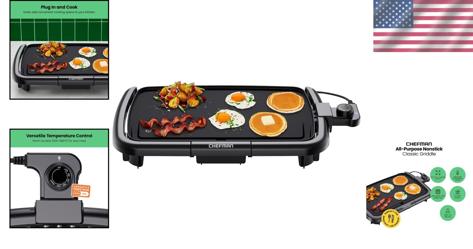 Adjustable Temperature Electric Griddle 200-420°F – Nonstick and Dishwasher Safe