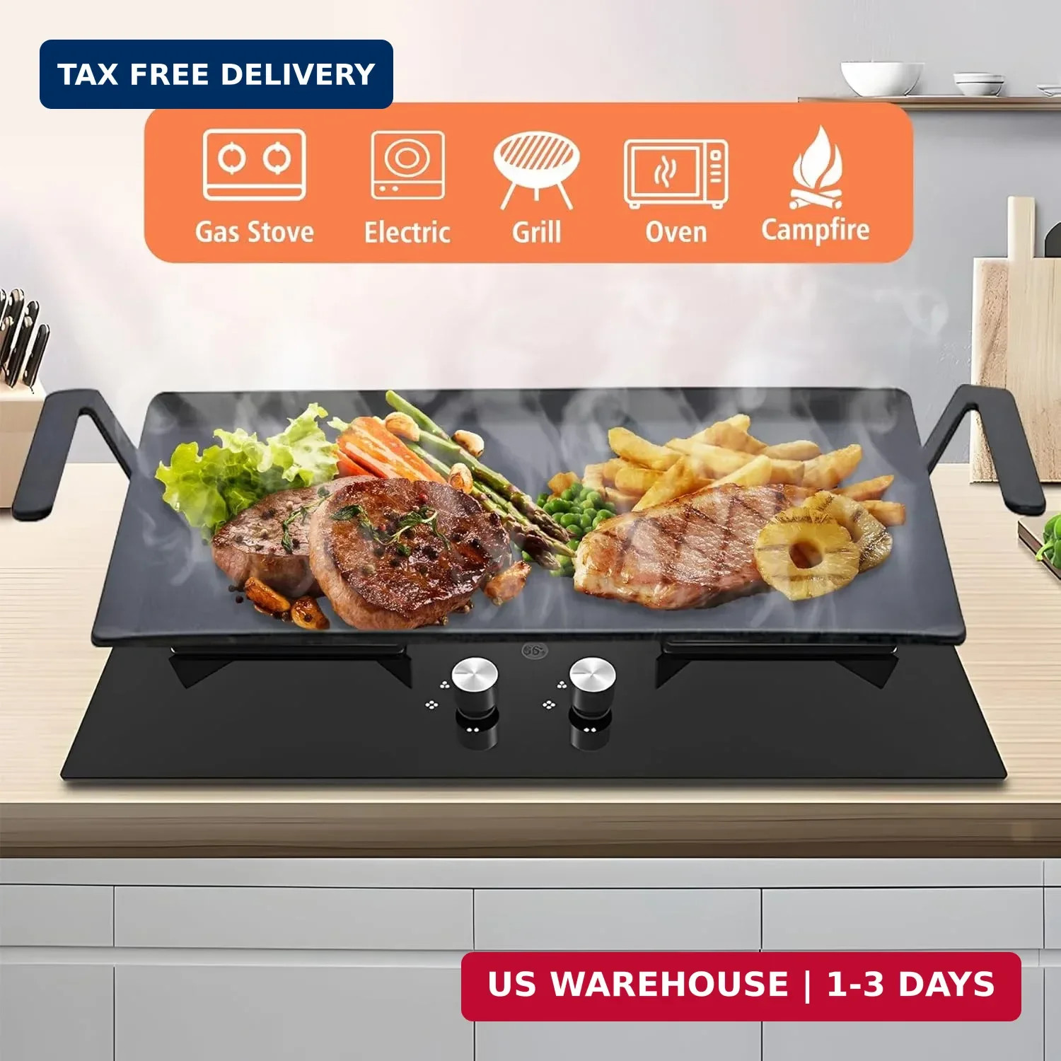 24” Carbon Steel Griddle, Professional Pre-seasoned Cookware for Double Burner