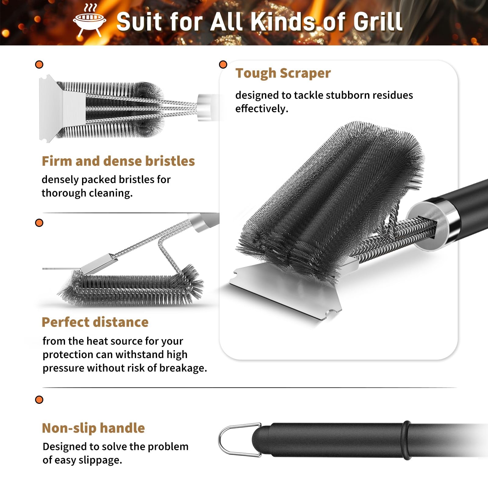 TNTOR Grill Brush with Scraper, 18″ Adjustable 35 x 15 x 10 cm, Silver Black