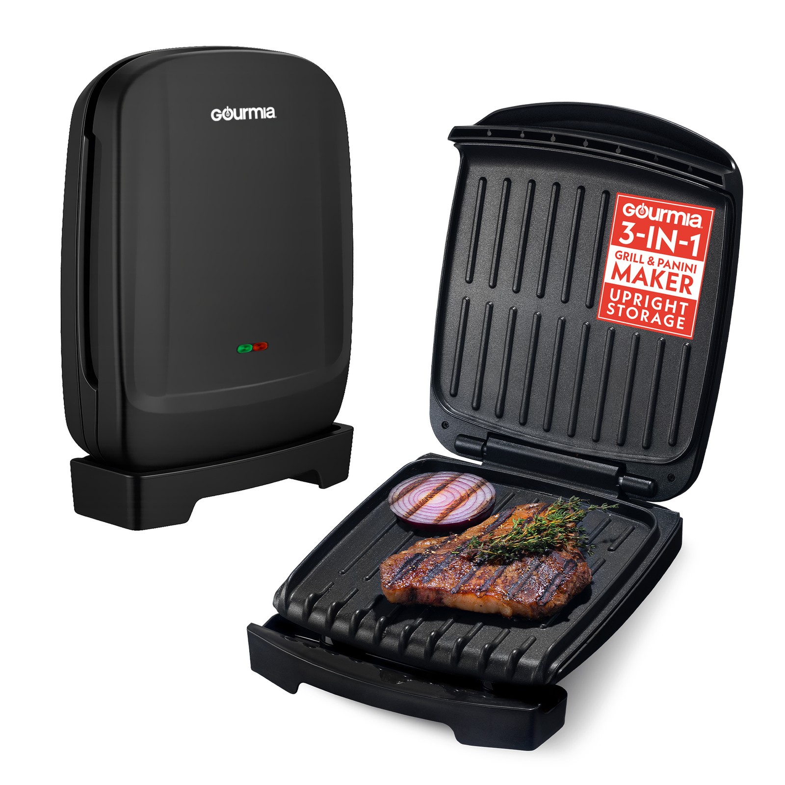Gourmia Indoor Grill & Panini Maker, 4 Serving, Nonstick Ceramic with Drip Tray