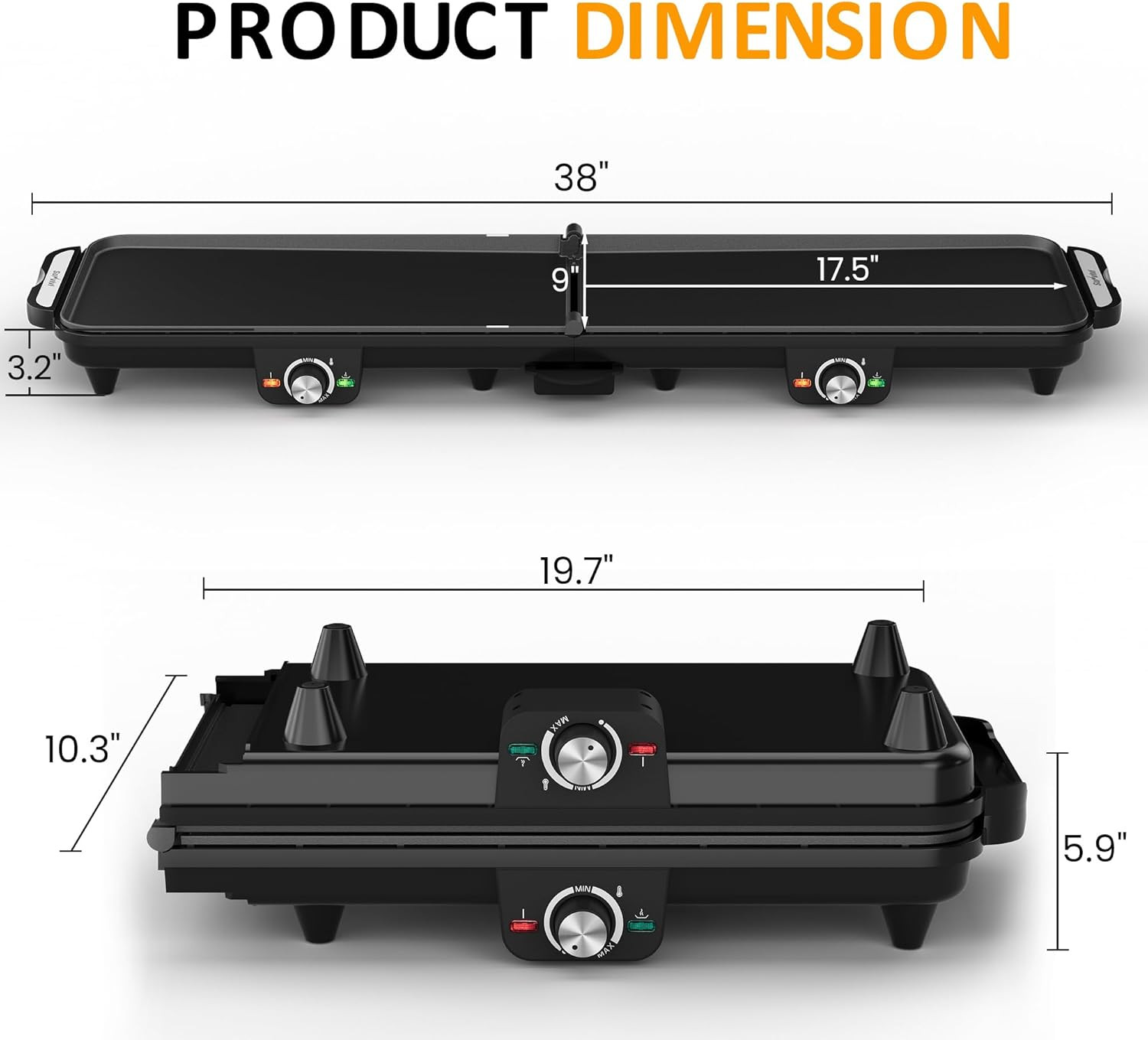 Large Electric Griddle 38” X 9”, 1600W Indoor Grill with 2 Adjustable Temp Kno