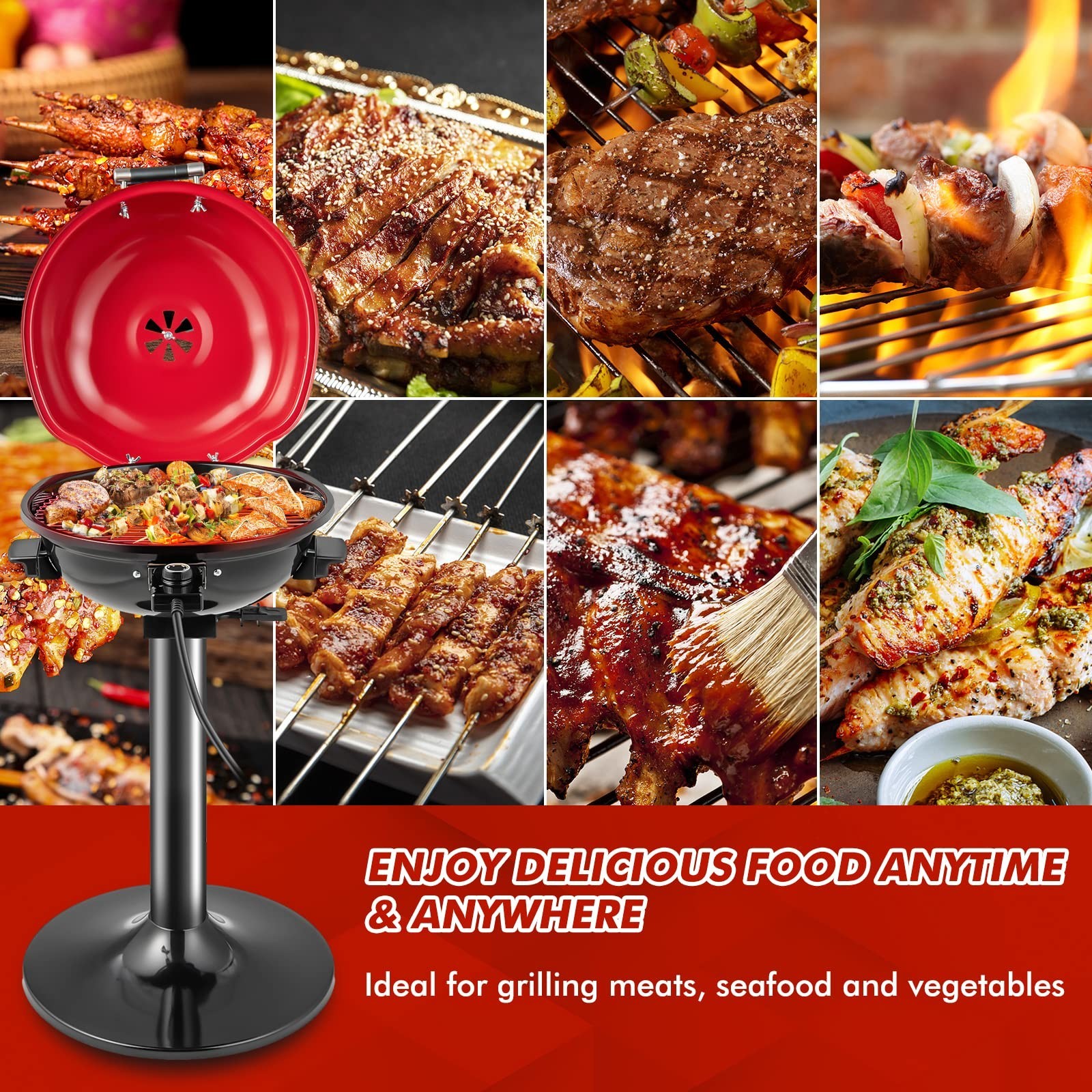 1600W Electric Grill Portable BBQ – Non-Stick Grate, Adjustable Heat, Removable