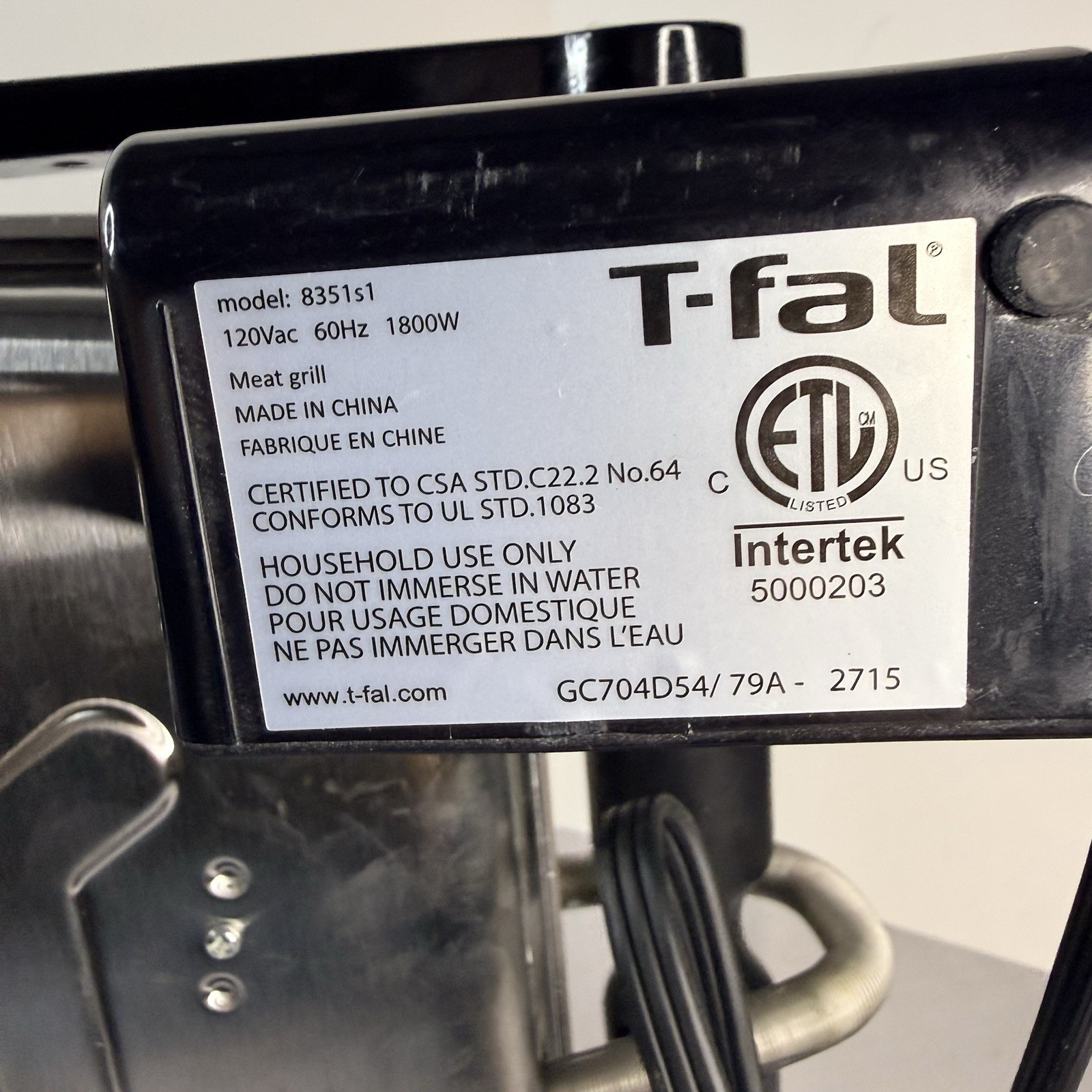 T-Fal OptiGrill Series 8351s1 Automatic Sensor Indoor Grill/w Detachable Plates