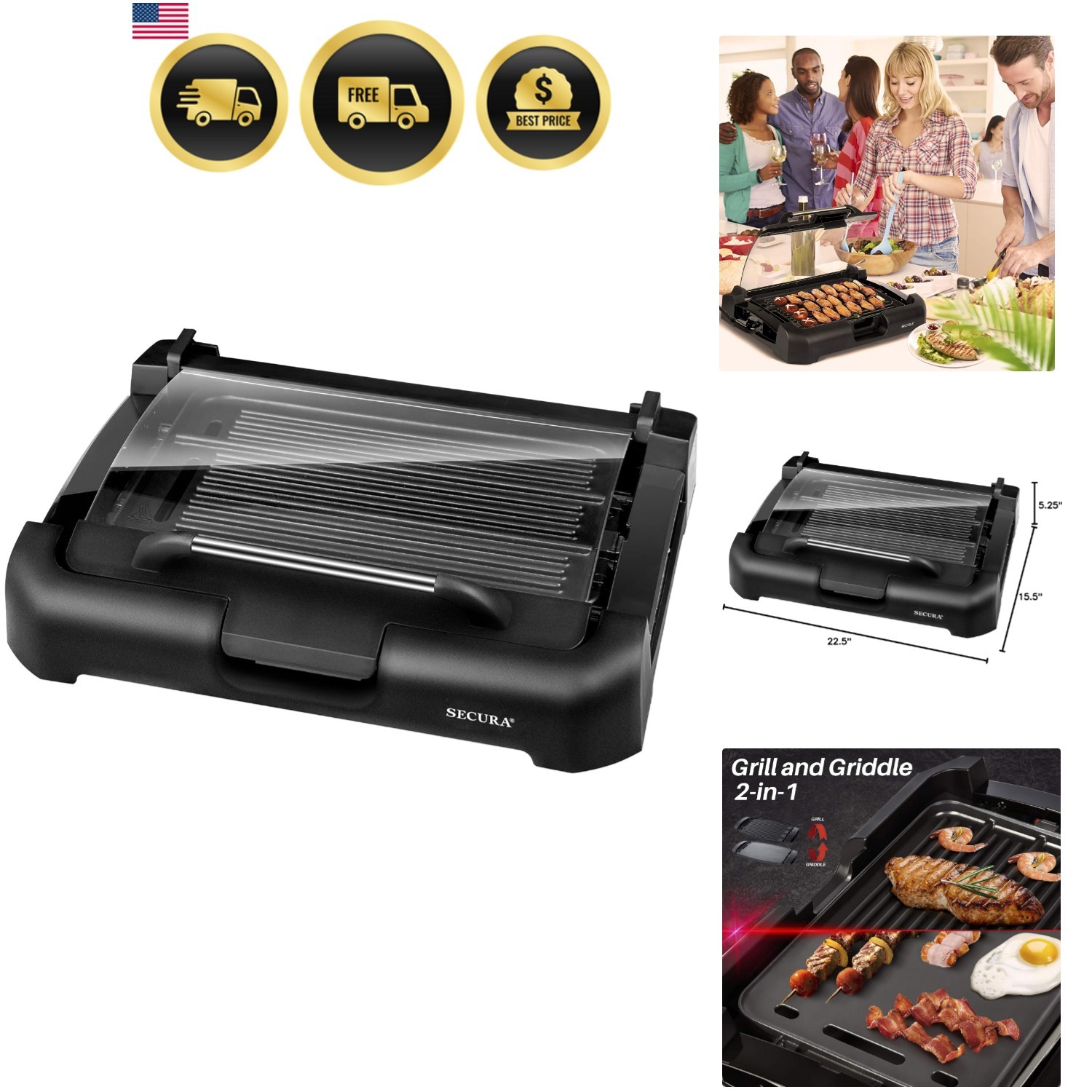 Smokeless Indoor Grill 1800-Watt Electric Griddle with Reversible 2 in 1 Gril…