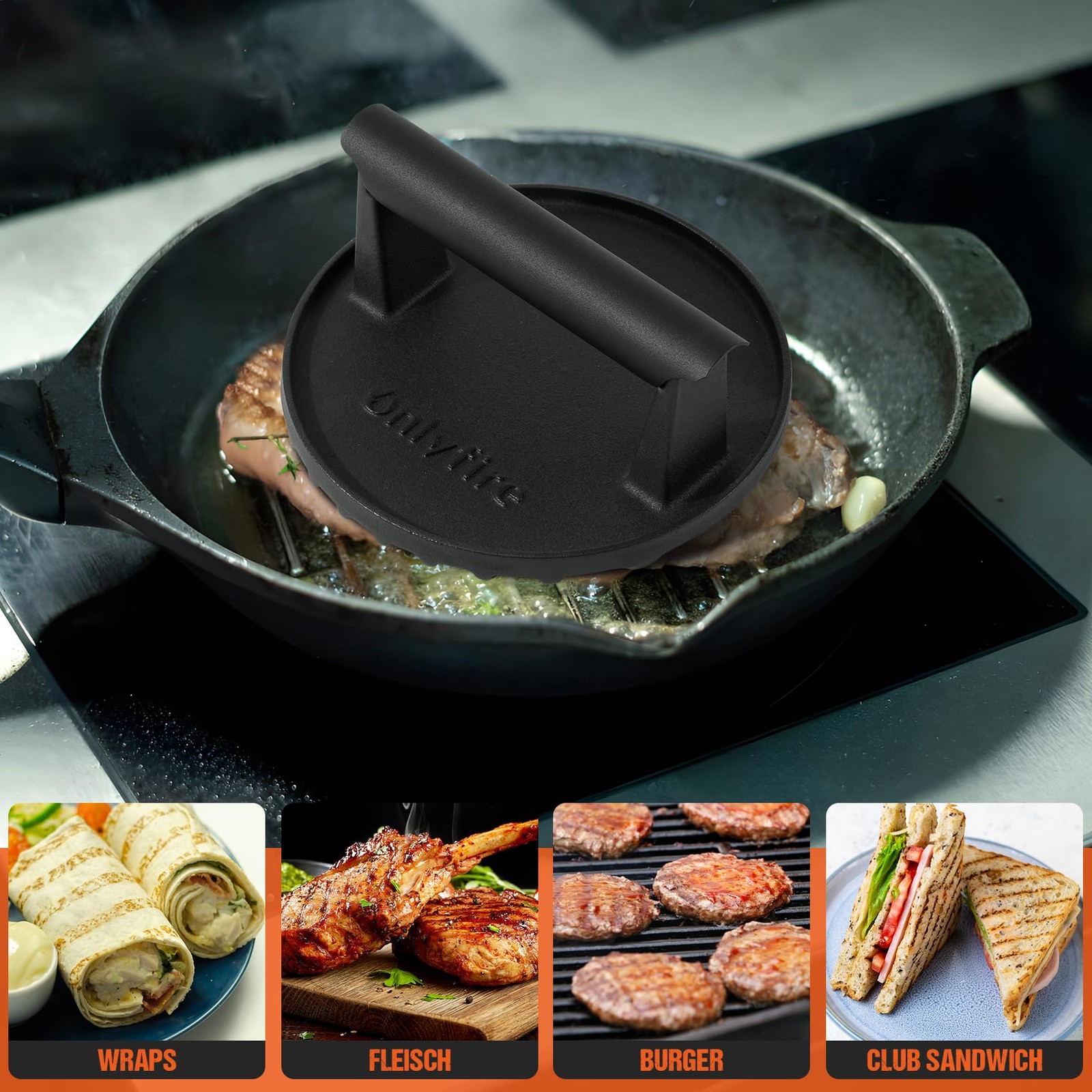 onlyfire Cast Iron Grill Press, Heavy-Duty Smash Burger Press Meat black