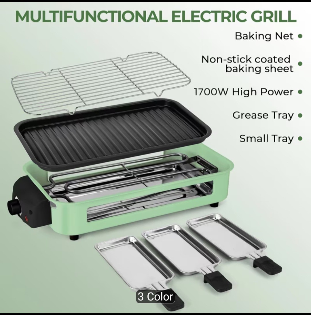 Indoor Electric Frying Pan, 2-in-1 Electric Grill, Optional Accessories- Black