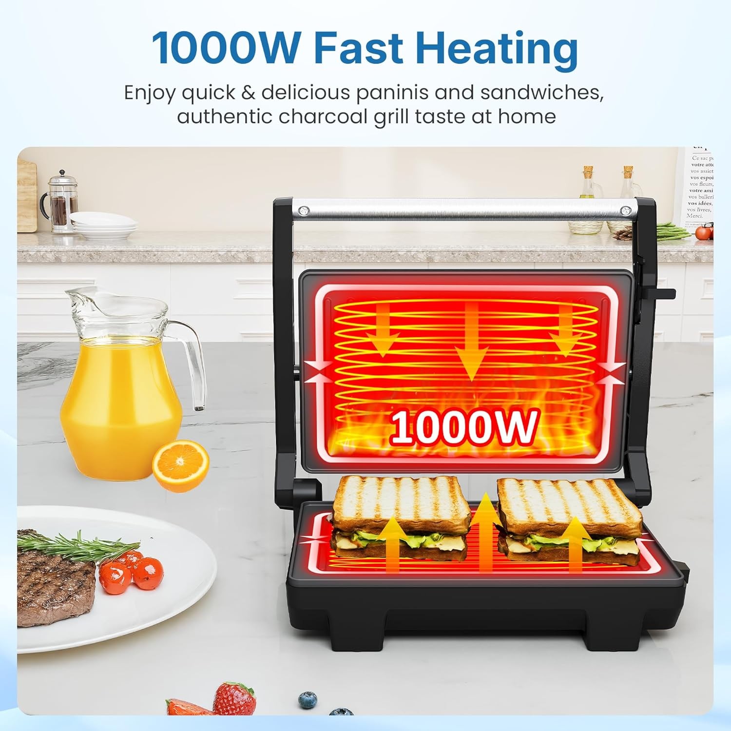 Panini Press Grill Indoor Sandwich Maker W/ Nonstick Plates Easy to Clean 1000W