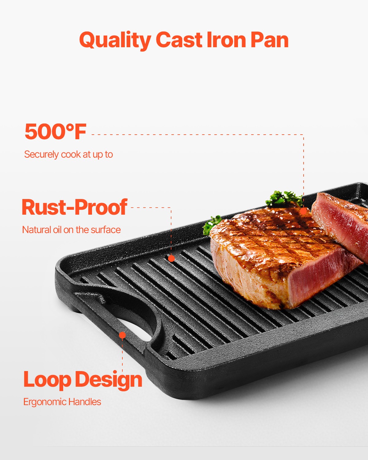 VEVOR 14×8.5 inch Reversible Grill Griddle Pre-Seasoned BBQ Pan Cast Iron Black