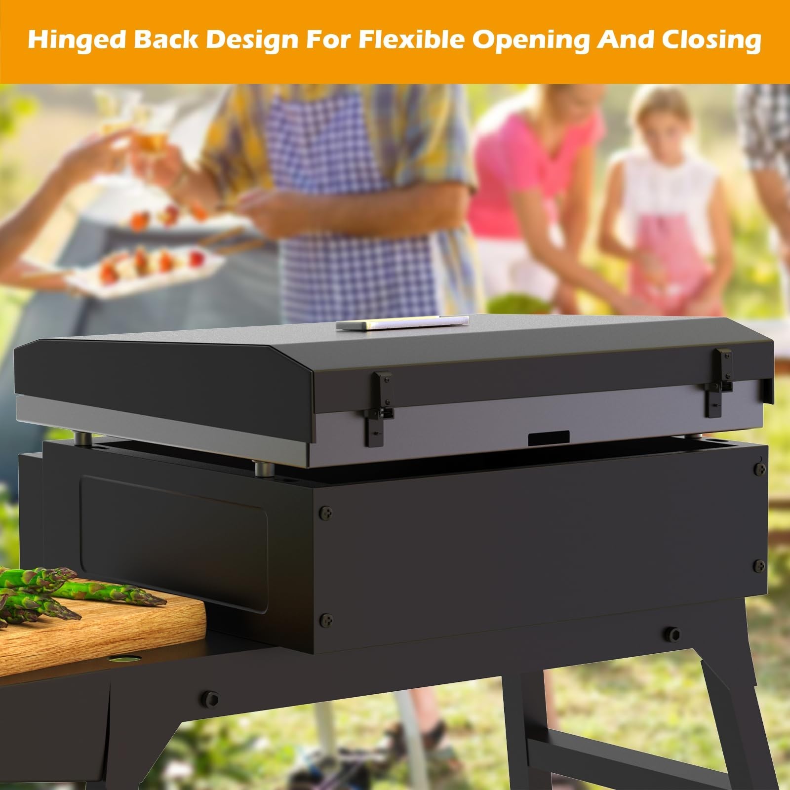 Hinged Lid for 17″ Flat Top Griddle – Black Powder Coated Steel Cover with Temp