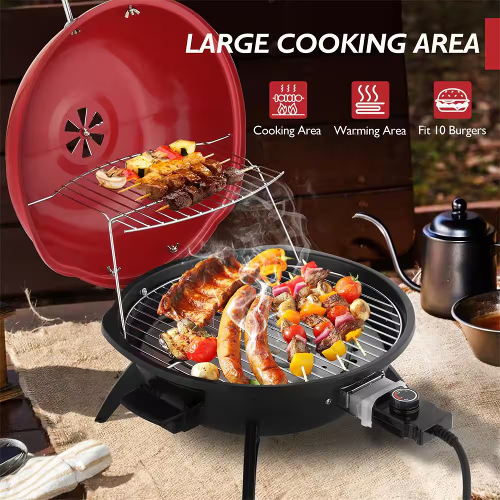 1600W Electric Countertop BBQ Grill Portable Double Layer Electric Grill in Red