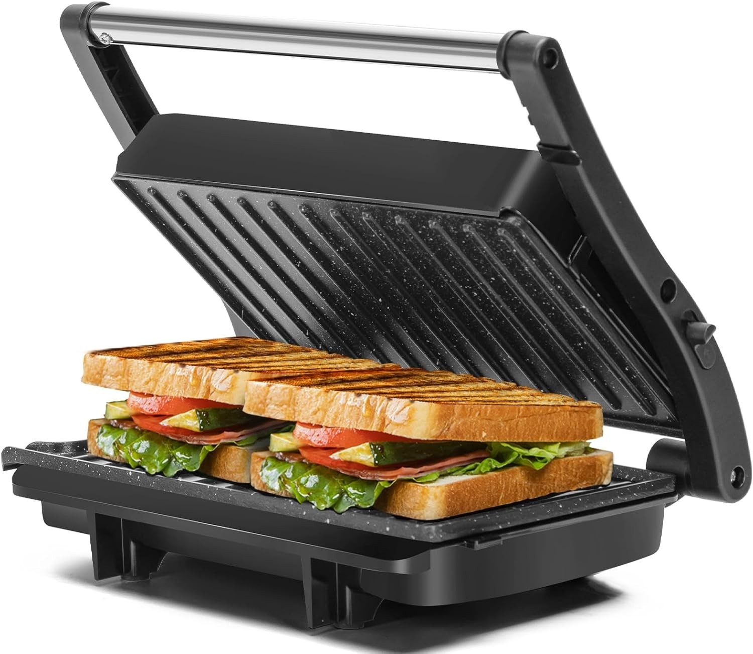 Compact & Stylish 1000W Panini Grill with Locking Lid – Perfect for Small Spaces