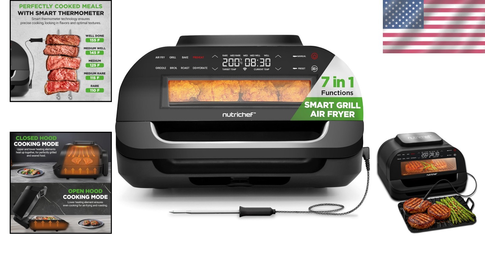 7-in-1 Indoor Smokeless Grill & Air Fryer – 6L Capacity with Smart Thermometer