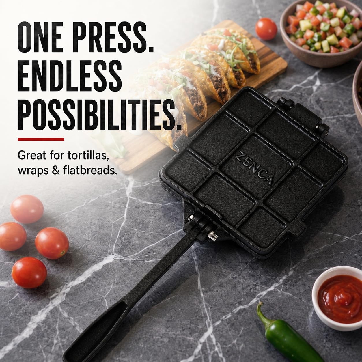 ZENCA 8-Inch Square Cast Iron Tortilla Press, Heavy-Duty 8 Inch, Black