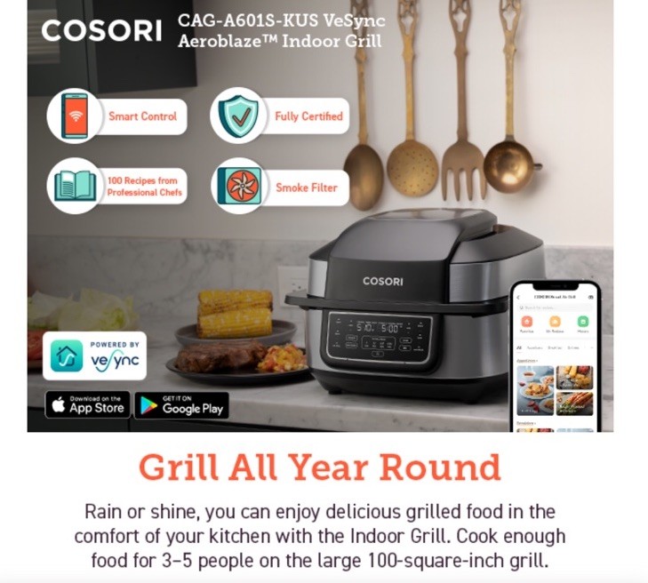 NEW Cosori – Vesync Aeroblaze Smart Indoor 8-in-1 Grill Works W/Alexa