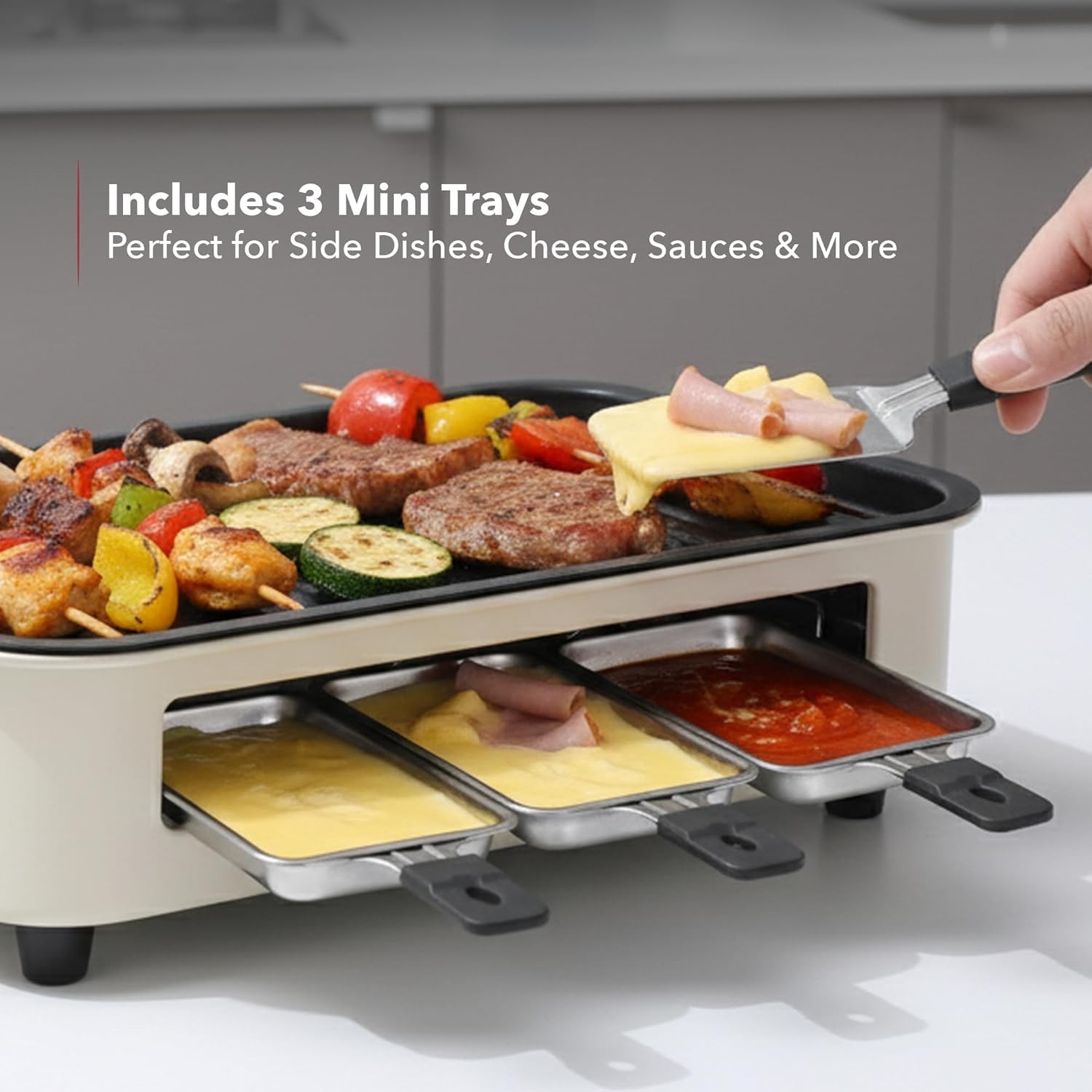 Compact 1500W Smokeless Grill with Removable Non-Stick Plates & 3 Raclette Trays