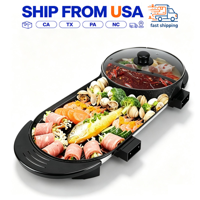 2In1 Electric Hot Pot Grill Combo 2200W Non-Stick Separate Temp Control BBQ Pan