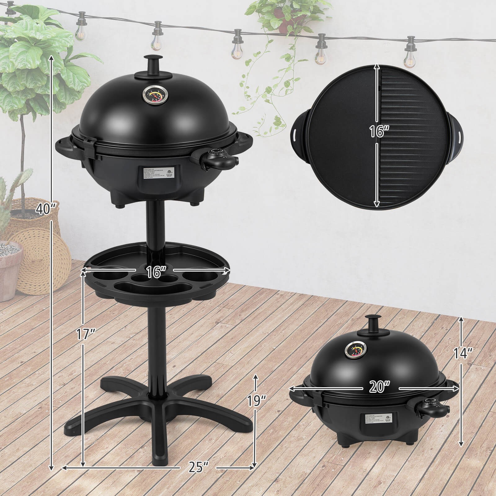 Indoor Outdoor Electric Grill w/ Non-stick Grill Plate Temperature Control