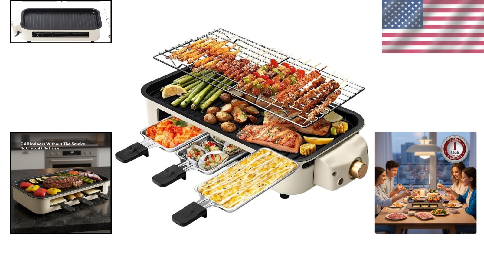 Compact 1500W Smokeless Grill with Removable Non-Stick Plates & 3 Raclette Trays
