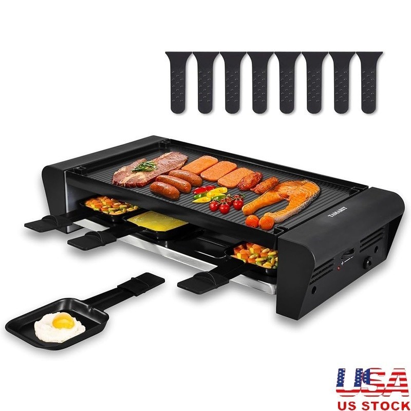 2 in 1 Non Stick Raclette Grill W/ Individual Pans 8 People Quick Heating New