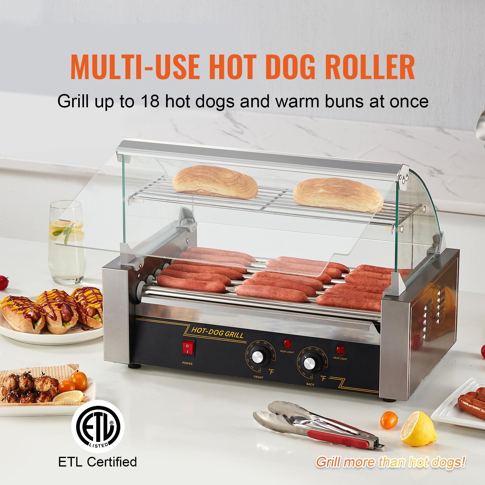 Hot Dog Roller 7 Rollers 18 Hot Dogs 1050W Stainless Steel Dual Temp Control