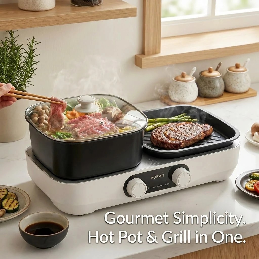 Electric Hot Pot Grill Pan Combo Nonstick Cooker With Glass Lid