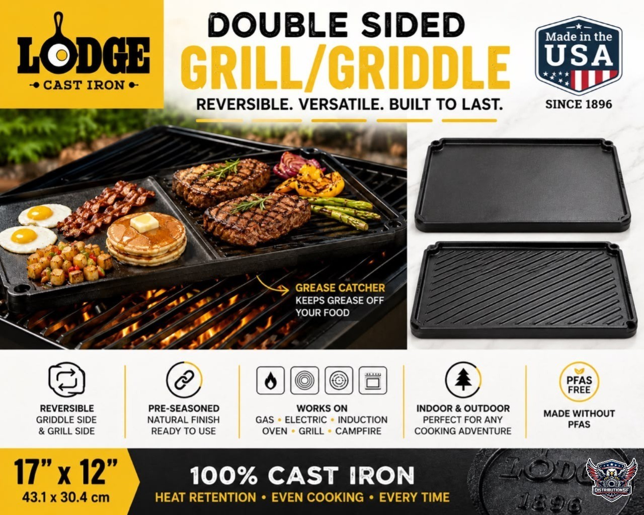 Lodge Double Sided Cast Iron Grill Griddle 17” x 12” Reversible BBQ Stove USA